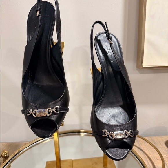Gucci Shoes - Gucci Black Leather Slingback Pumps with Silver Chain Plaque